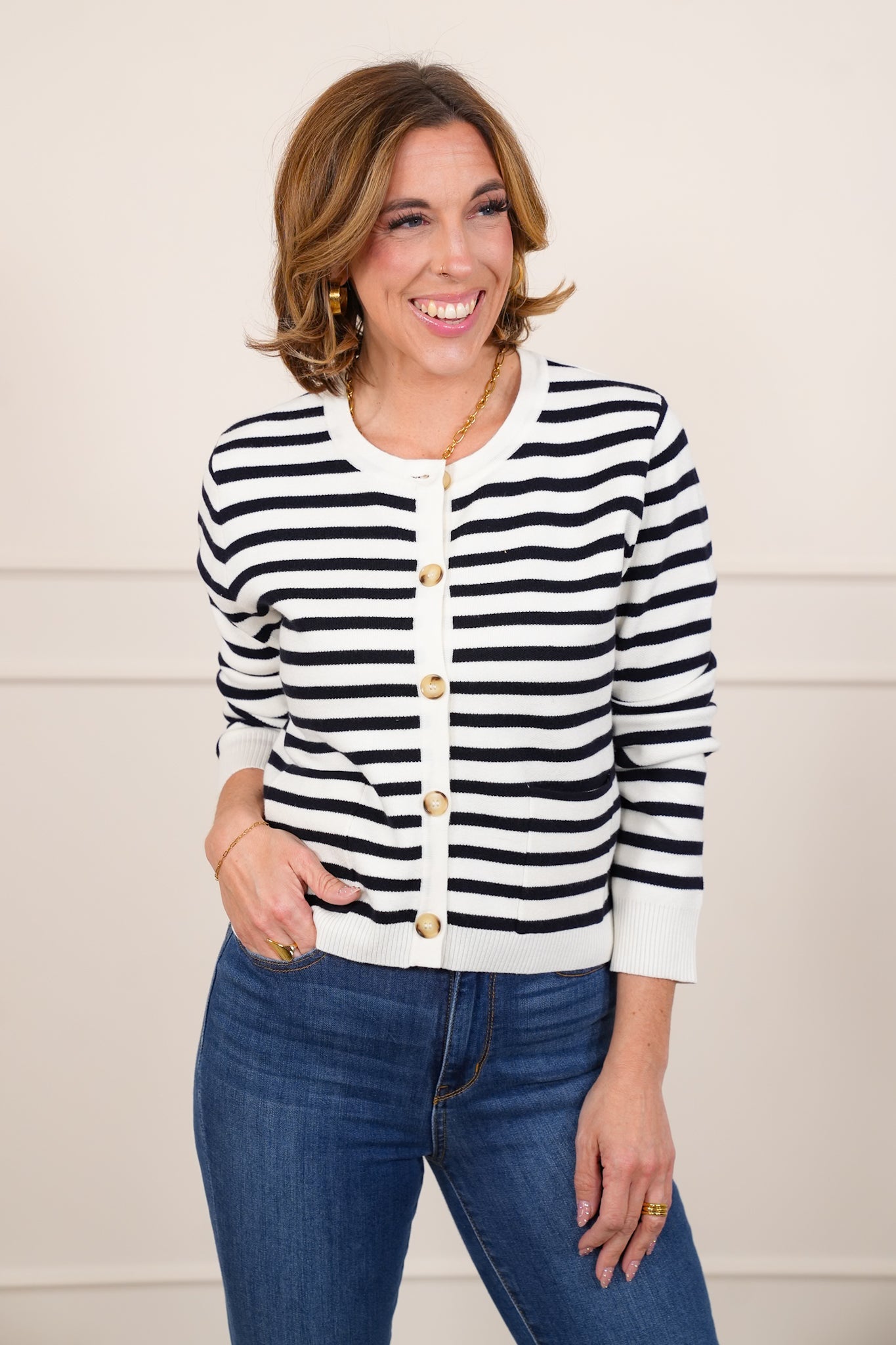 Stripe Long Sleeve Button Down Cardigan with Front Pockets