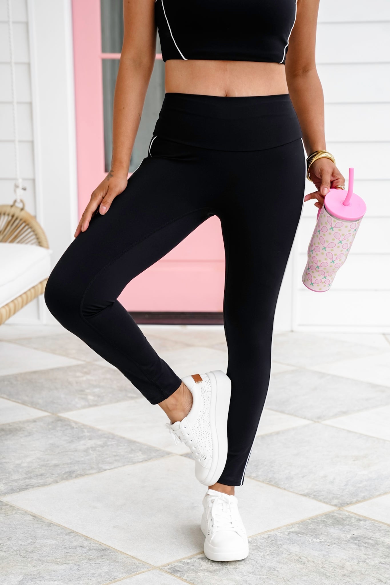 Black Cropped Tank Top and Leggings Set with Piping Detail