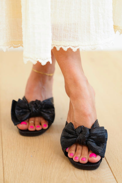 MIA Chic Pleated Open Toe Mule with Knotted Bow