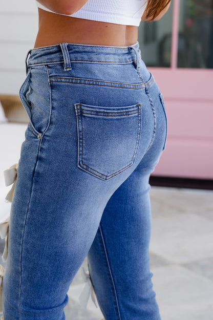 Restock! Denim High Waist Flare Leg Jeans with Bow Detail