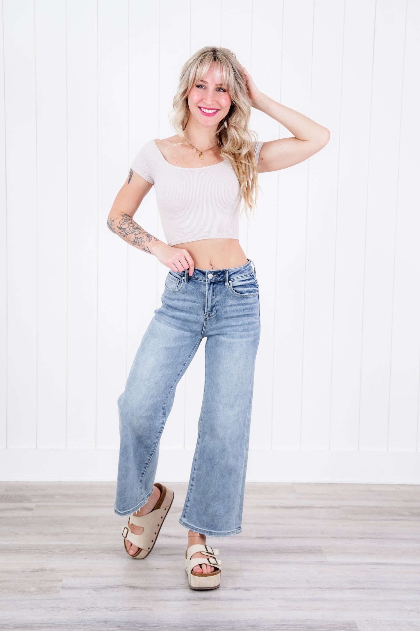 Risen Secret Sauce High Rise Medium Wash Cropped Wide Leg Jeans