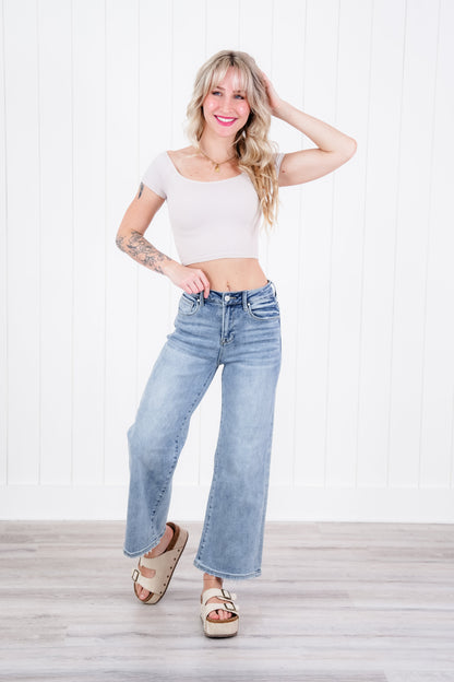 Risen Secret Sauce High Rise Medium Wash Cropped Wide Leg Jeans