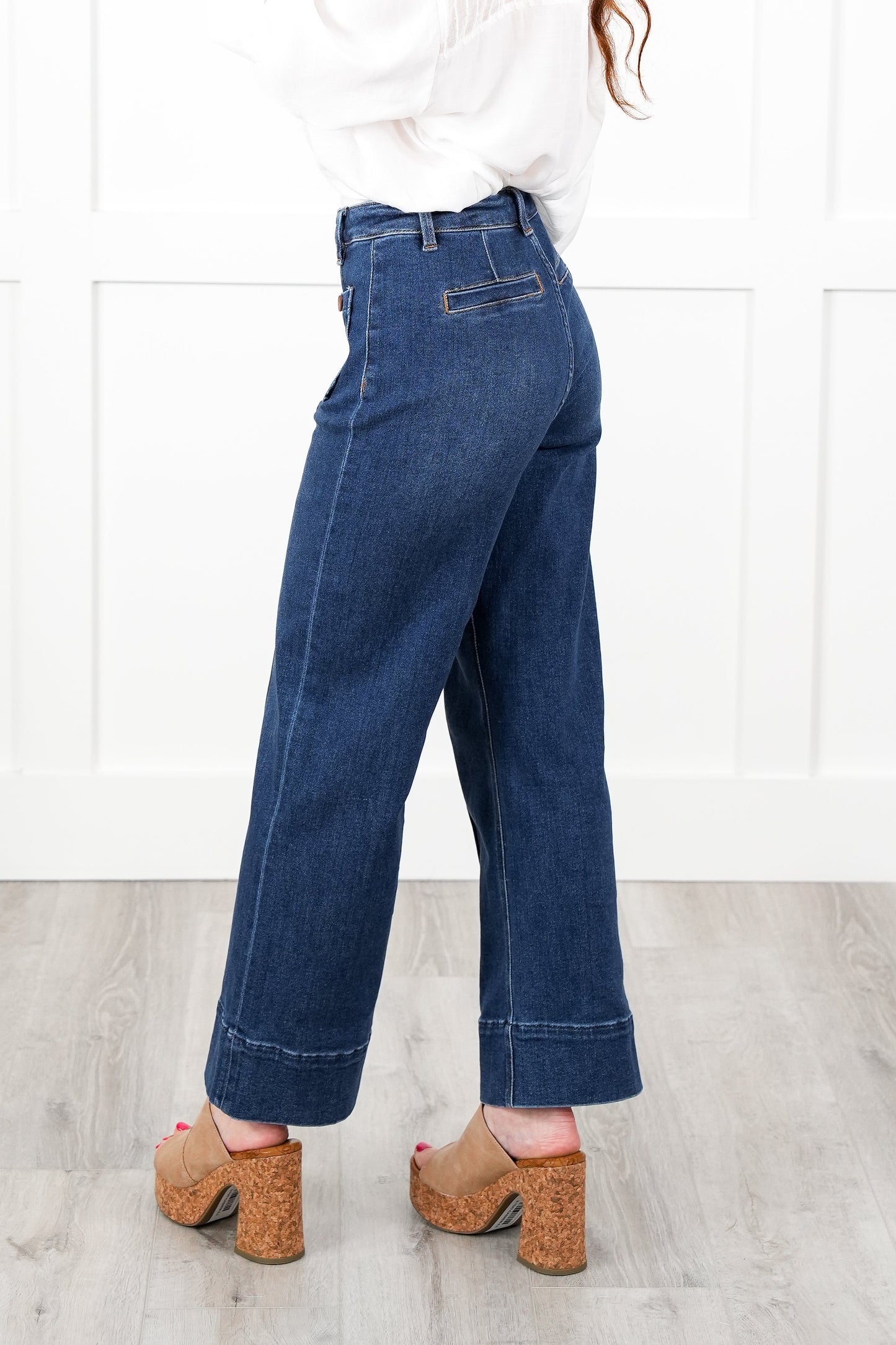 Risen Working Overtime High Rise Dark Wash Patch Pocket with Front Pintuck Wide Leg Jeans