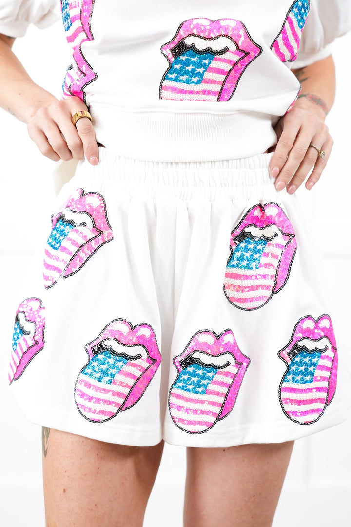 White Elastic Waist Shorts With Rolling Stones Sequin Lips And Tongue Detail