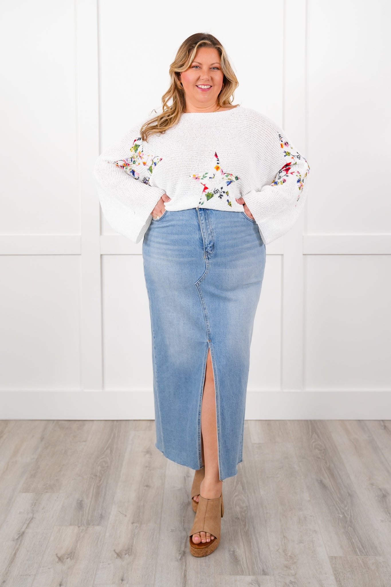 POL Long Dolman Sleeve Cropped Sweater with Floral Star Patch Detail