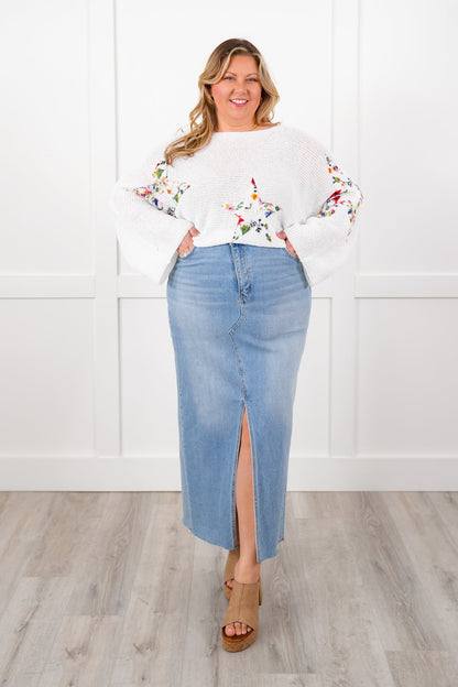 POL Long Dolman Sleeve Cropped Sweater with Floral Star Patch Detail