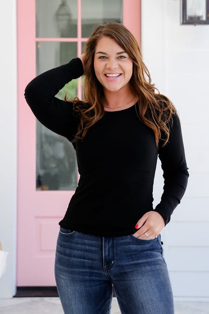 Solid Long Sleeve Round Neck Ribbed Knit Top