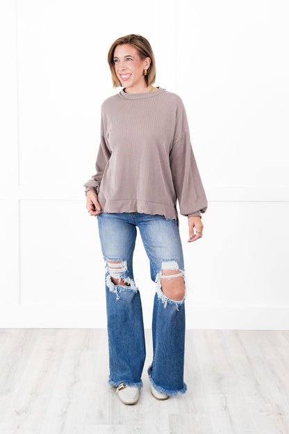 Ribbed Knit Long Sleeve Pullover Top
