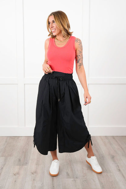 Plus/Reg Pleated Smocked Waist Wide Leg Pants