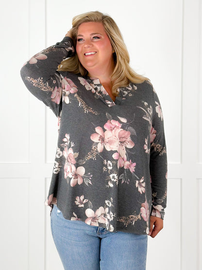 Plus/Reg Floral Print Long Sleeve V Neck Pullover Top