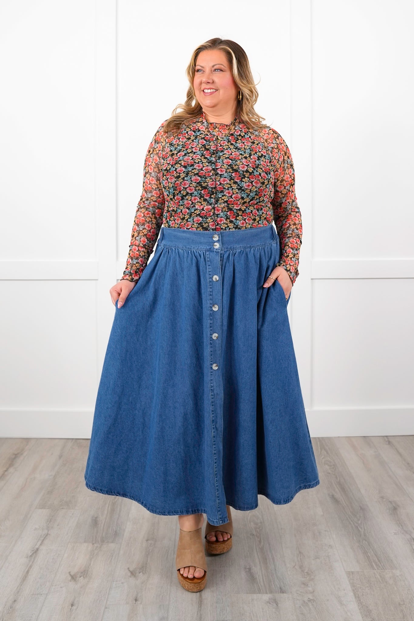 Restock! Plus/Reg Floral Mesh Long Sleeve Mock Neck Top