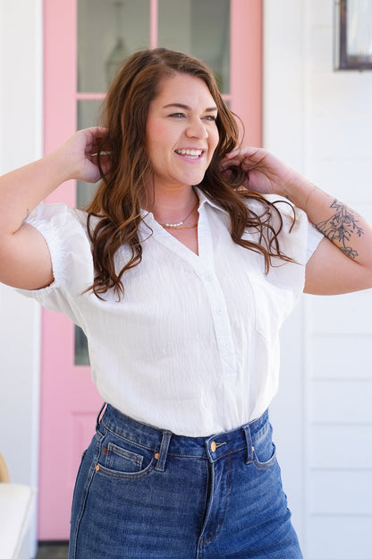 White Short Sleeve Button Up V Neck Top