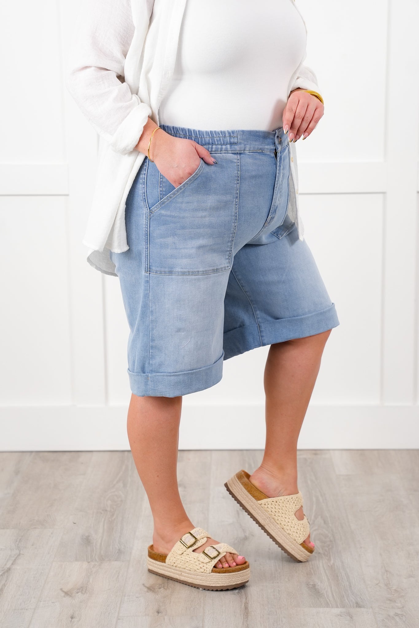 Mica Light Wash Cuffed Hem Shorts