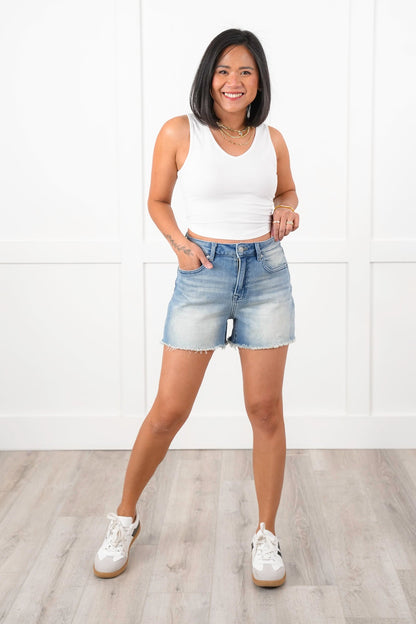 Mica Medium Wash Frayed Hem Shorts