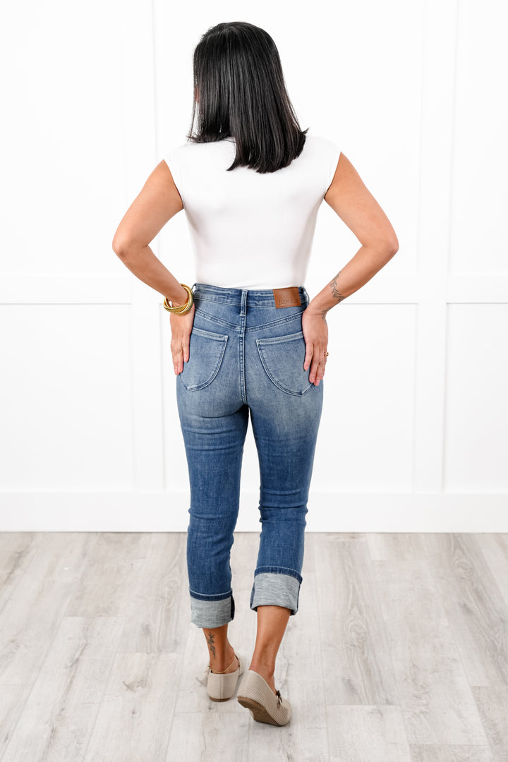 Judy Blue High Rise Medium Wash Tummy Control Cuffed Capri Jeans