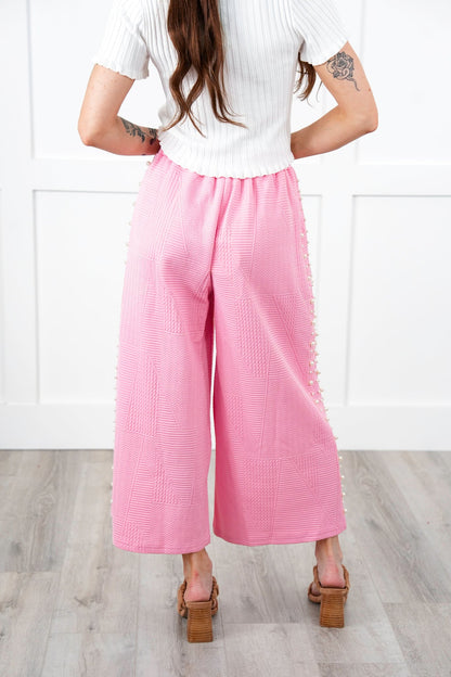 Textured Knit Elastic Waistband Midi Pants with Pearl Detail