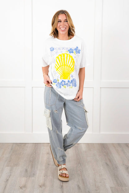White Short Sleeve Tropical Sea Shell Graphic Tee