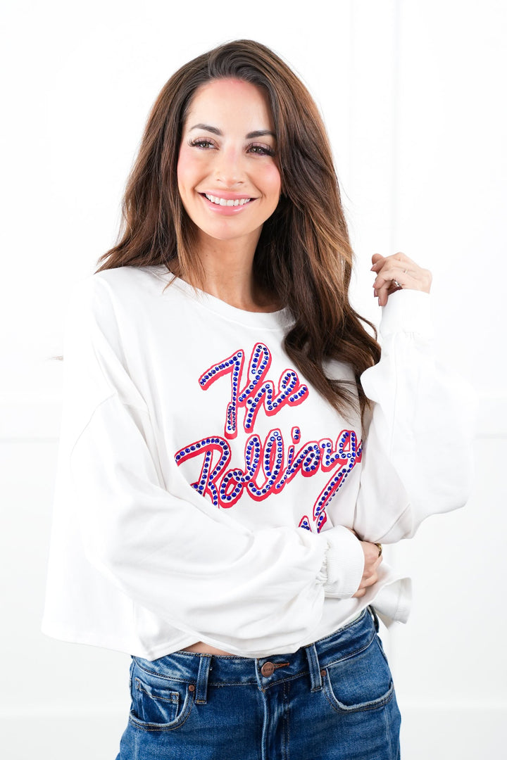 Rhinestone "The Rolling Stones"  Long Sleeve Cropped Sweatshirt