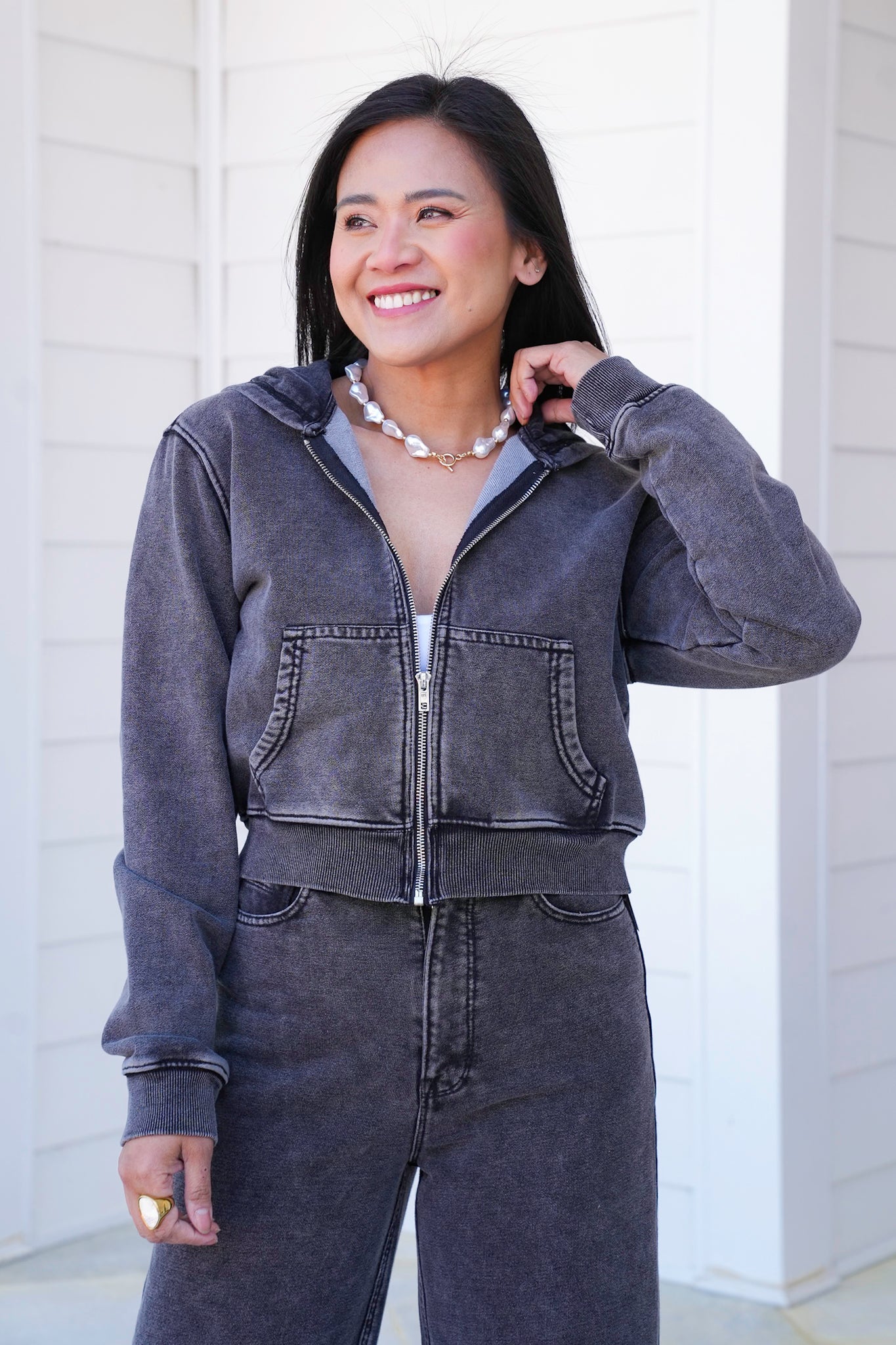 Plus/Reg Mineral Wash Long Sleeve Zip-Up Hooded Jacket