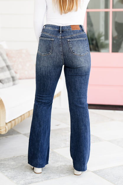 Restock Judy Blue Shake it Off Dark Wash High Rise Tummy Control Destroyed Knee Raw Hem Flare Jeans