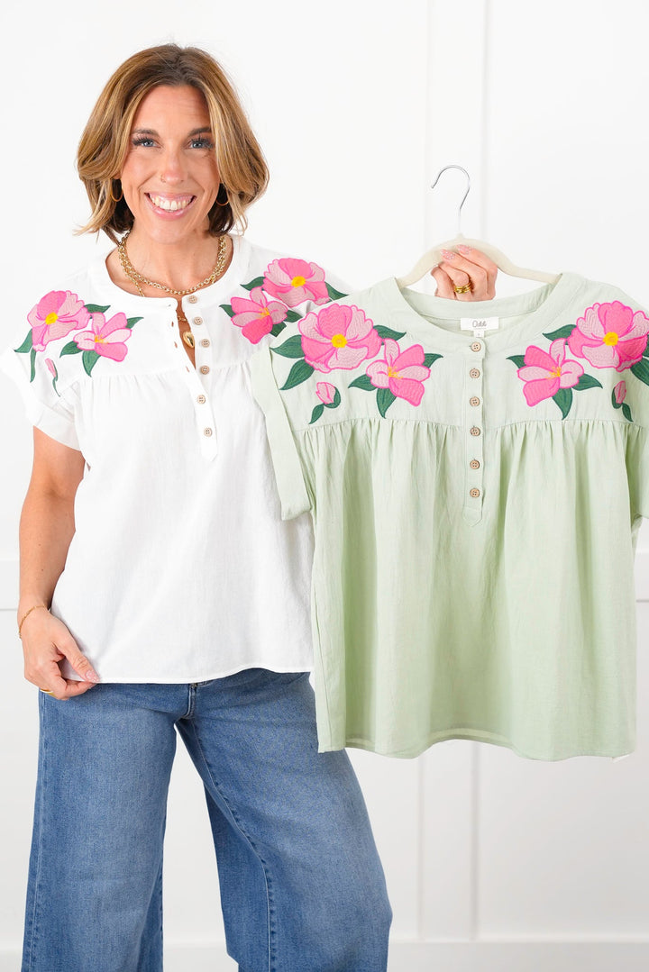 Plus/Reg Short Sleeve Button Up Top with Floral Embroidery Detail
