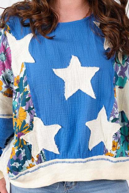 Gauze Long Sleeve Top with Floral and Star Detail