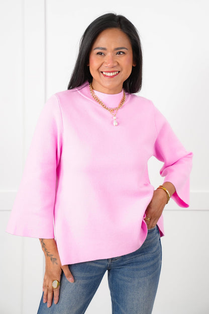 Solid 3/4 Bell Sleeve Mock Neck Knit Top