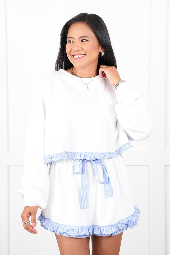White Long Sleeve Cropped Sweatshirt with Pinstripe Ruffle Detail