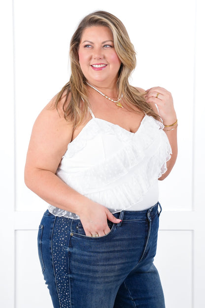Plus/Reg White Sleeveless Bodysuit with Heart Mesh Ruffle Detail