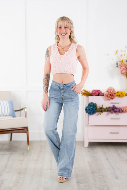 Risen High Rise Light Wash Wide Leg Flare Jeans