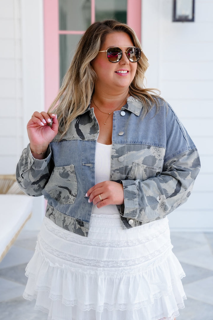 POL Long Sleeve Button Up Jacket with Leopard Detail