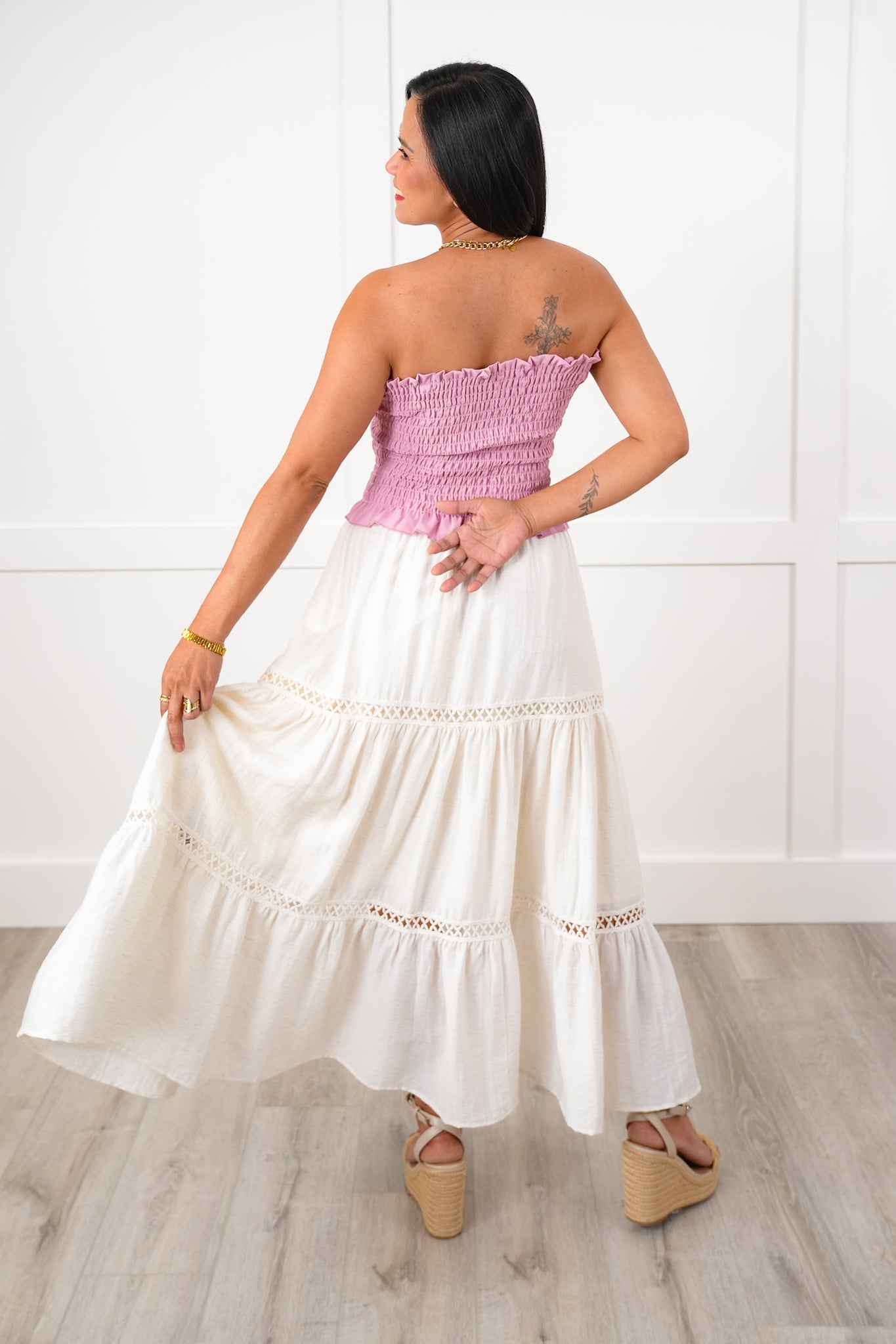 Linen Blend Elastic Waist Midi Skirt with Crochet Detail