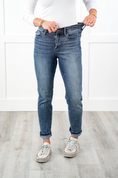Judy Blue Bethany Bleach Dark Wash High Rise Bleach Splash Boyfriends