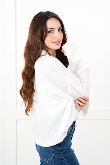 Solid Long Sleeve V Neck Wrap Blouse (Multiple Colors)
