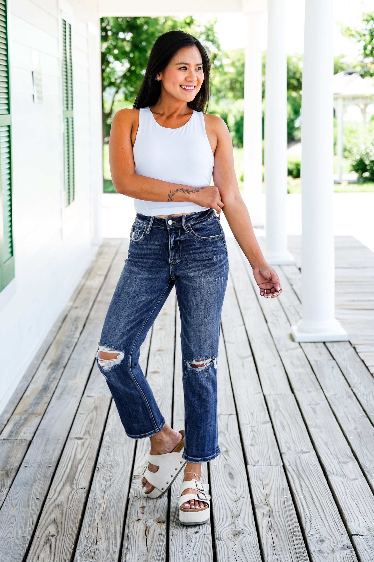 Lovervet Against the Grain High Rise Medium Wash Distressed Vintage Stretch Cropped Straight Leg Jeans
