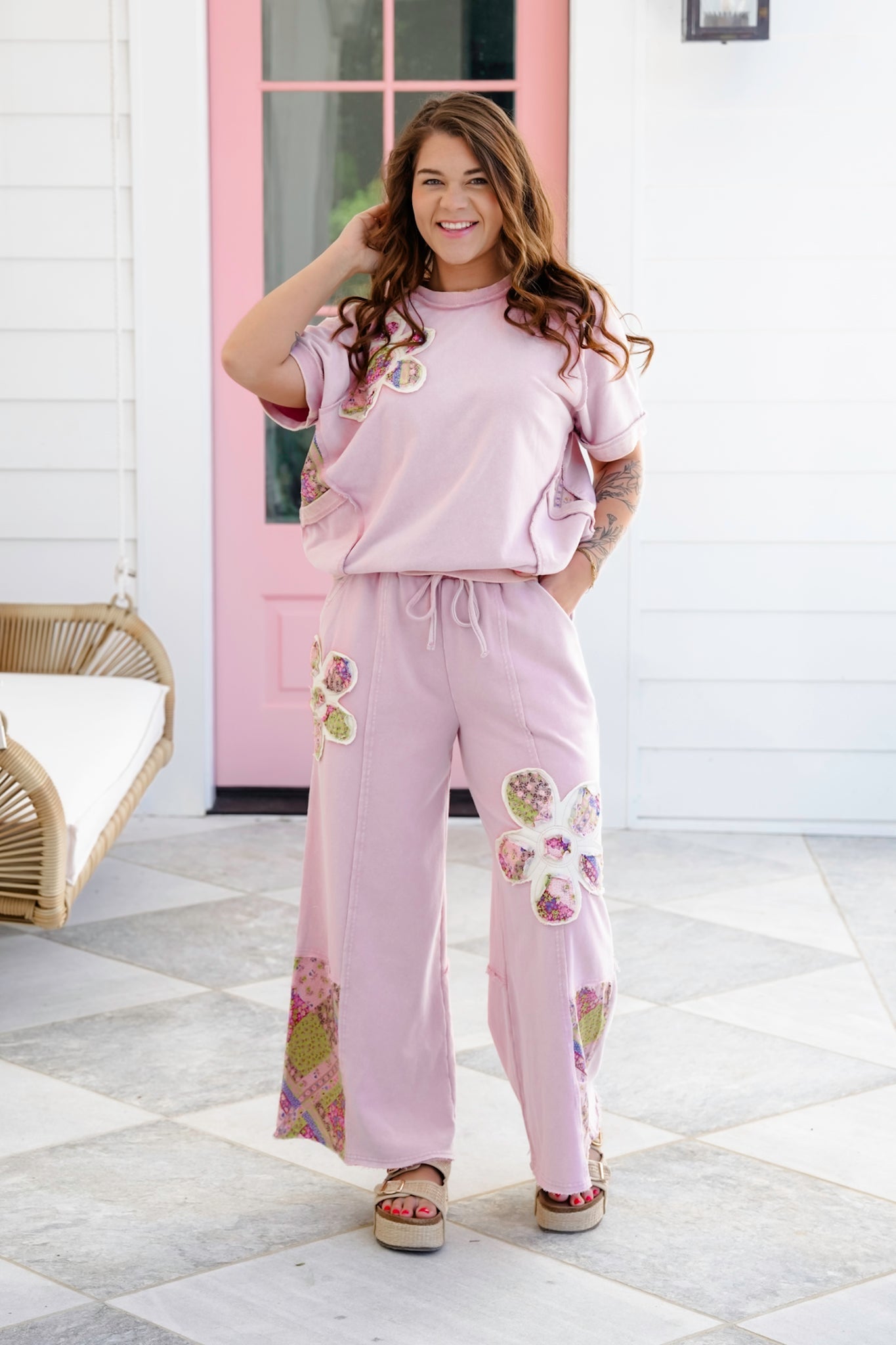 Mineral Washed Elastic Waistband Pants with Floral Patch Detail