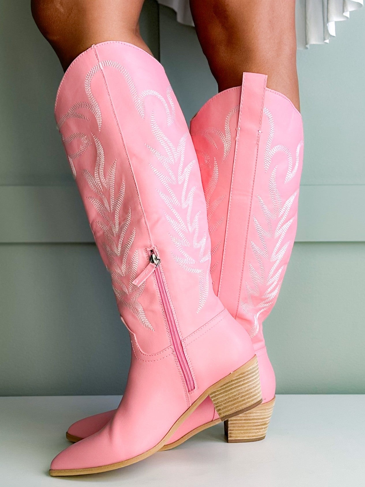 Western Style Boots with Stitch Detail & Side Zipper