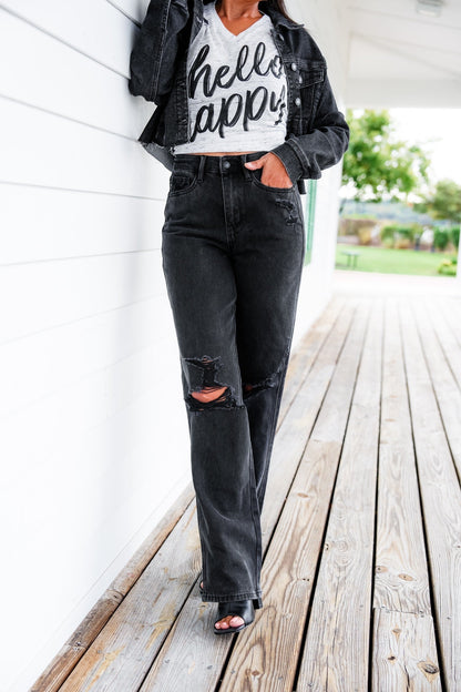 Judy Blue Straight Obsessed High Rise Black Rigid Magic 90's Distressed Straight Leg Jeans