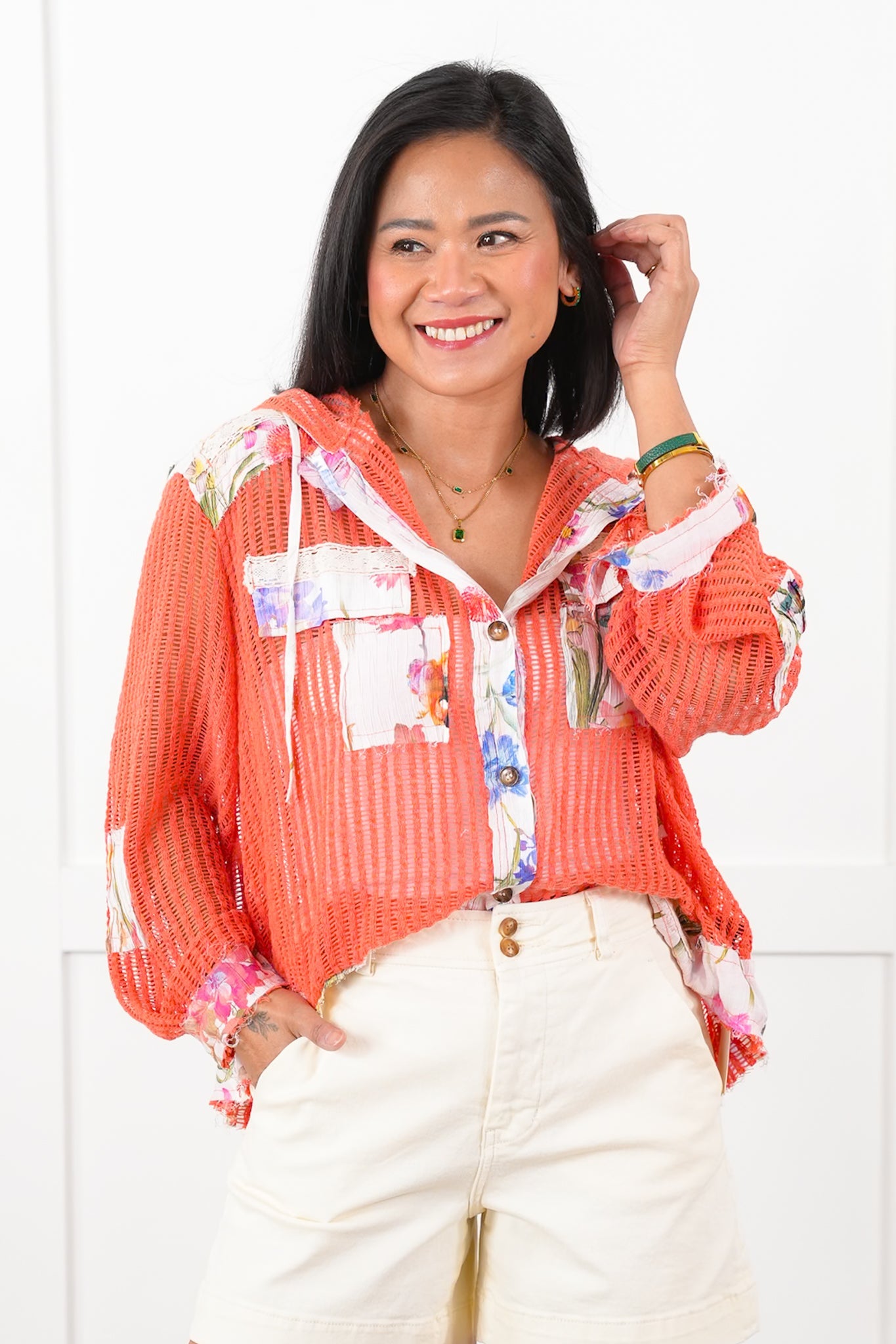 POL Crochet Long Sleeve Button Down Hooded Jacket with Floral Detail
