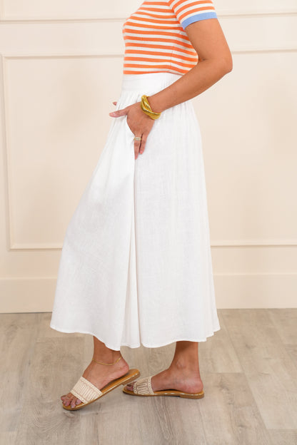 White Front Pleated Midi Skirt with Side Pockets