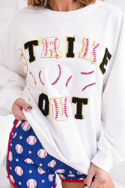 Long Sleeve "Strike Out" Baseball Patches Pullover Sweatshirt with Sequin Detail