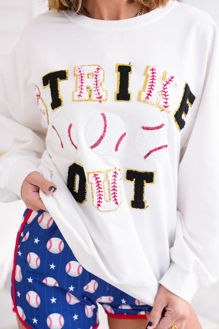 Long Sleeve "Strike Out" Baseball Patches Pullover Sweatshirt with Sequin Detail