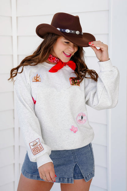 Long Sleeve Pullover Sweatshirt with Western Theme Patch Detail