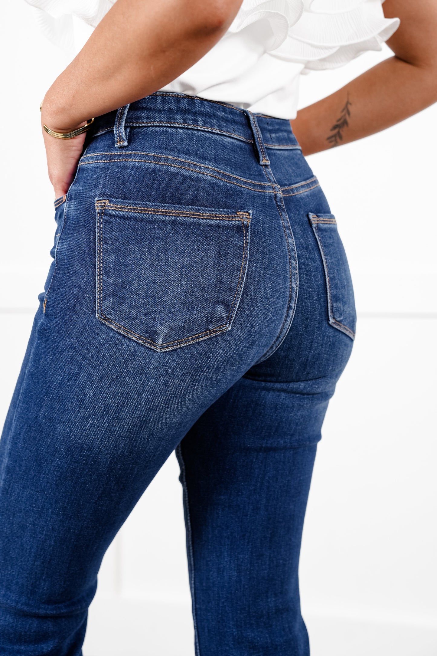 Risen High Rise Dark Wash Tummy Control Elastic Waistband Flare Jeans