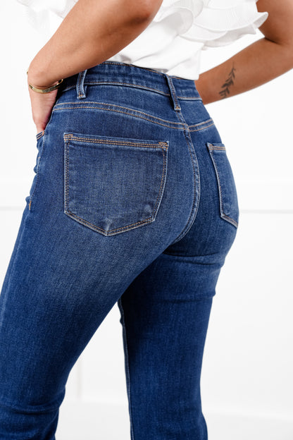 Risen High Rise Dark Wash Tummy Control Elastic Waistband Flare Jeans