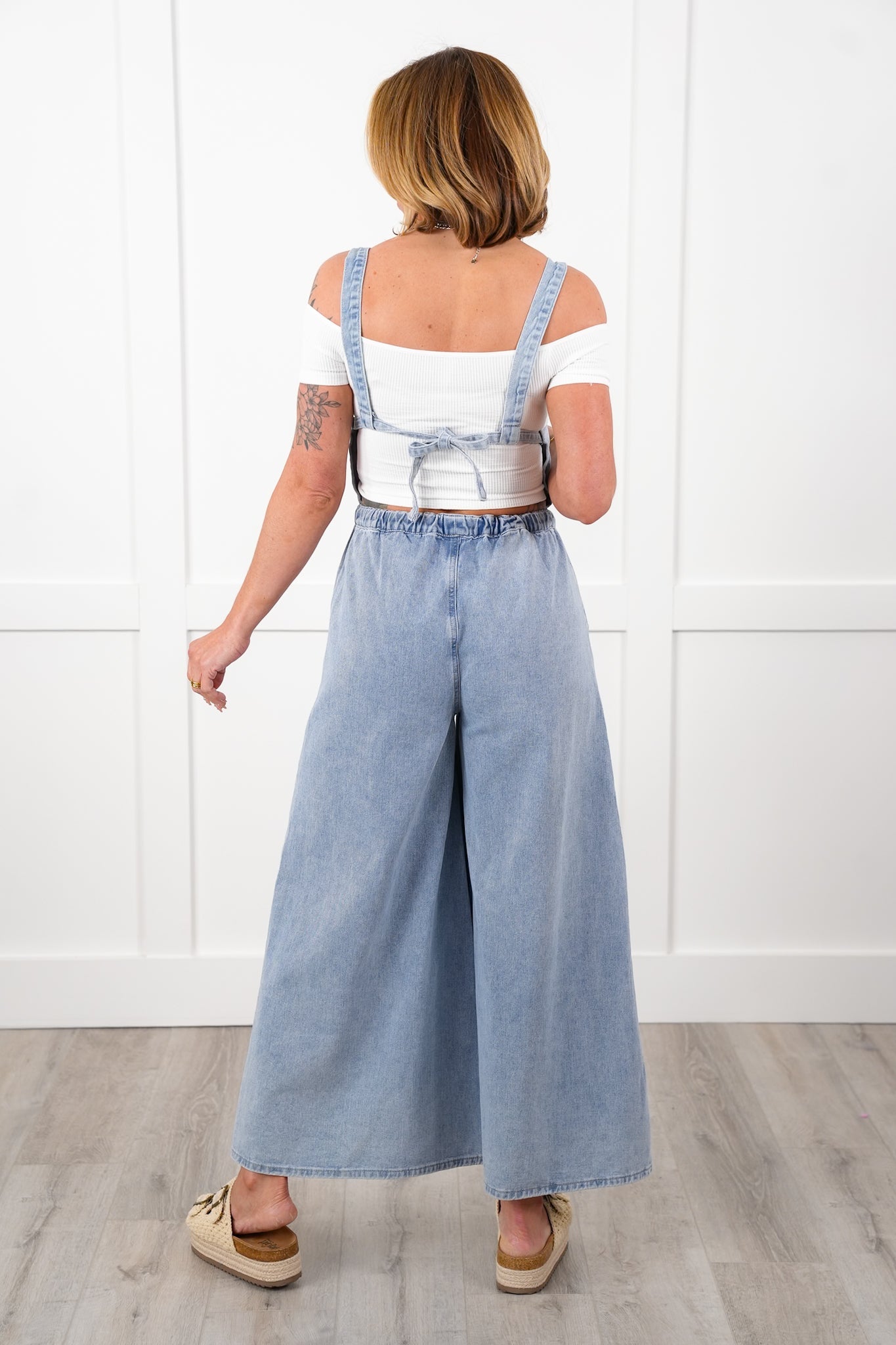 Denim Sleeveless Open Back Wide Leg Overall with Drawstring Detail