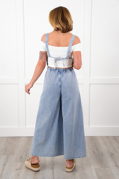 Denim Sleeveless Open Back Wide Leg Overall with Drawstring Detail