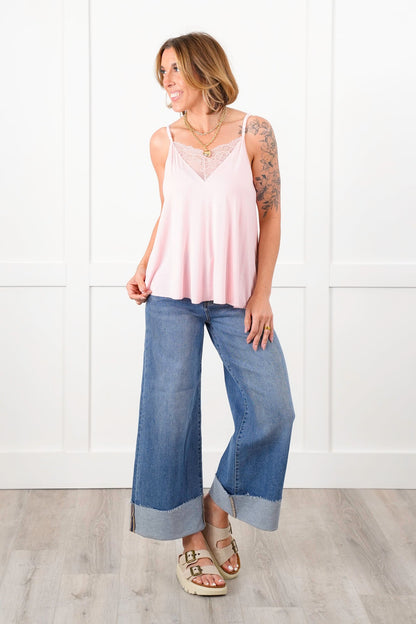 POL Sleeveless V Neck Tank Top with Lace Detail