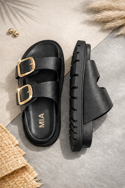 MIA Double Buckle Vegan Leather Platform Slide Sandal