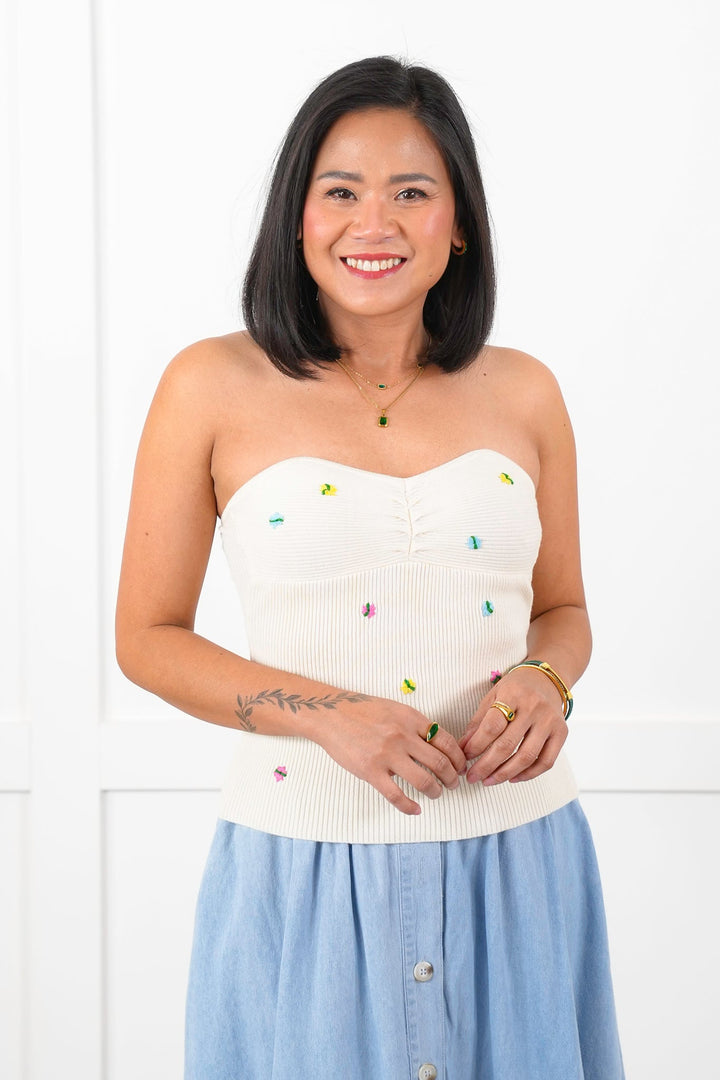 Strapless Ribbed Knit Top with Floral Embroidery Detail